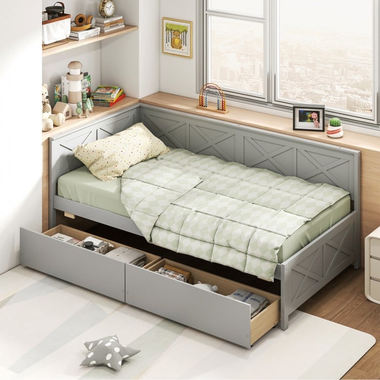 Twin size gray daybed with 2 storage drawers, perfect for small spaces and versatile for sleeping or lounging.