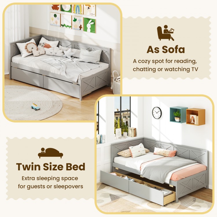Twin size daybed in gray with 2 storage drawers, perfect as a sofa or extra sleeping space for guests.