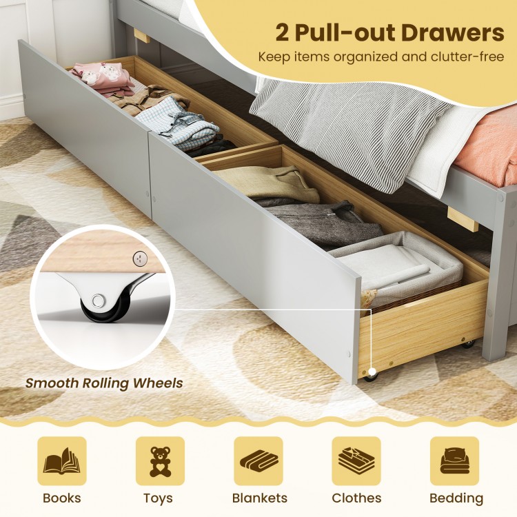Twin size daybed with 2 pull-out storage drawers in gray, featuring smooth rolling wheels for easy access and.