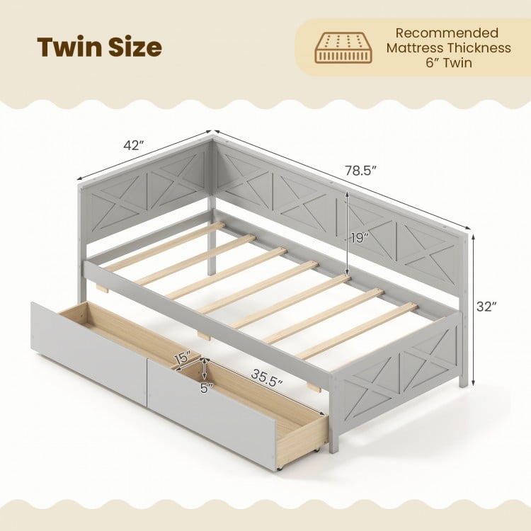 Twin size daybed in gray with two storage drawers, featuring sturdy wooden construction and slats for mattress support.