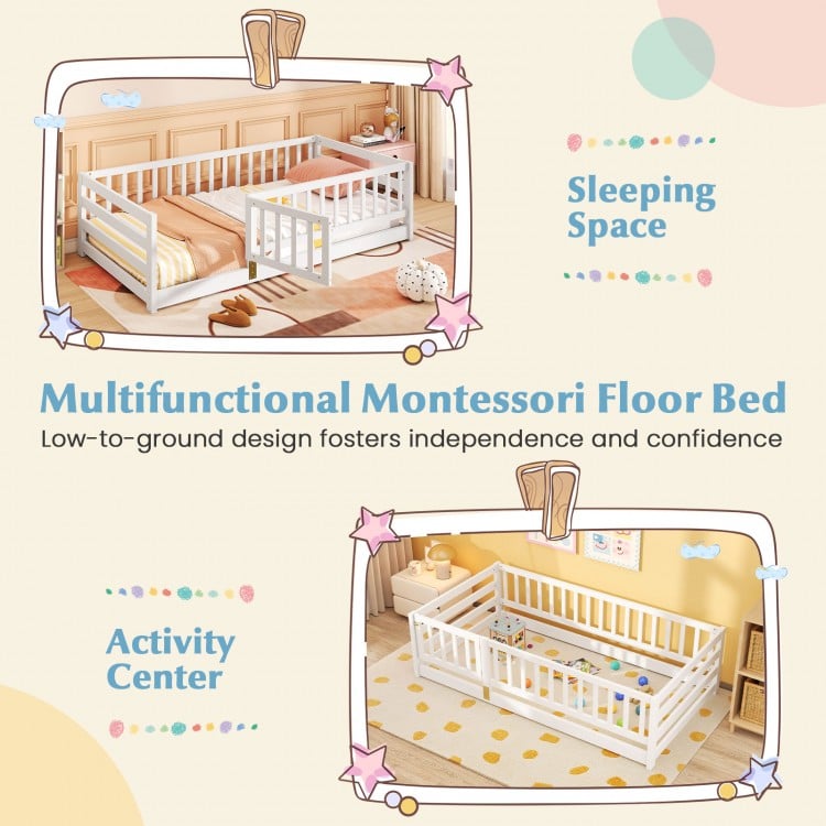 Twin size Montessori floor bed in white with high fence and door, designed for safety and independence in kids' play.