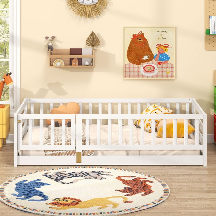 Twin size floor bed with high fence and door, crafted from sturdy pine wood, perfect for kids' sleeping and play area.