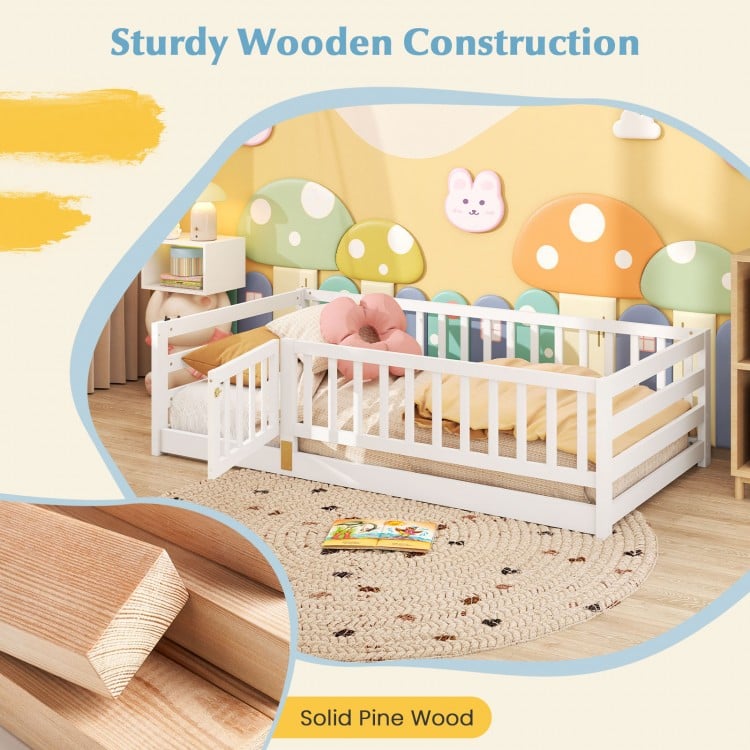 Twin size floor bed in white with high fence and door, crafted from sturdy pine wood for safety and durability.