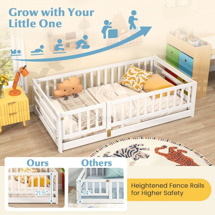 Twin size floor bed with 21.5" high fence rails in white, designed for safety and independence for kids.