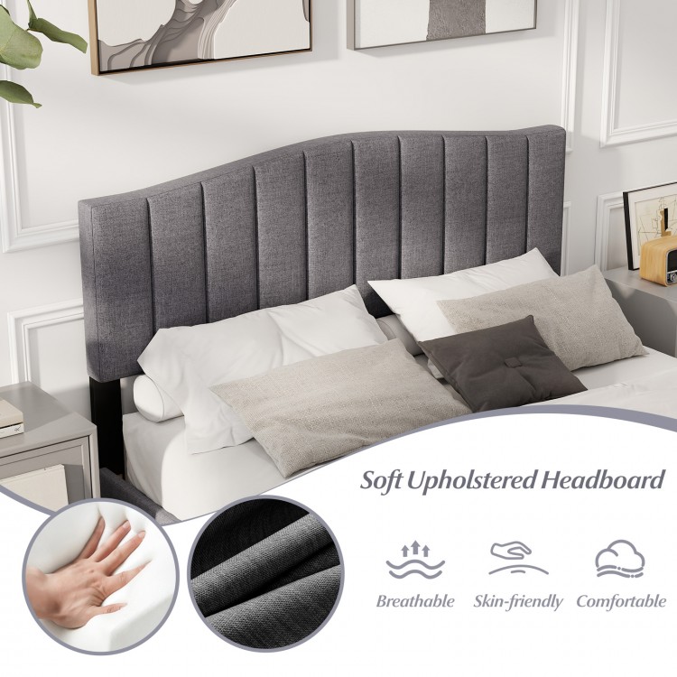 Queen size modern upholstered bed frame with adjustable tufted headboard in breathable linen for comfort and support.