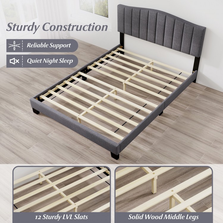 Queen size modern upholstered bed frame showcasing sturdy LVL slats and adjustable tufted headboard for comfort.