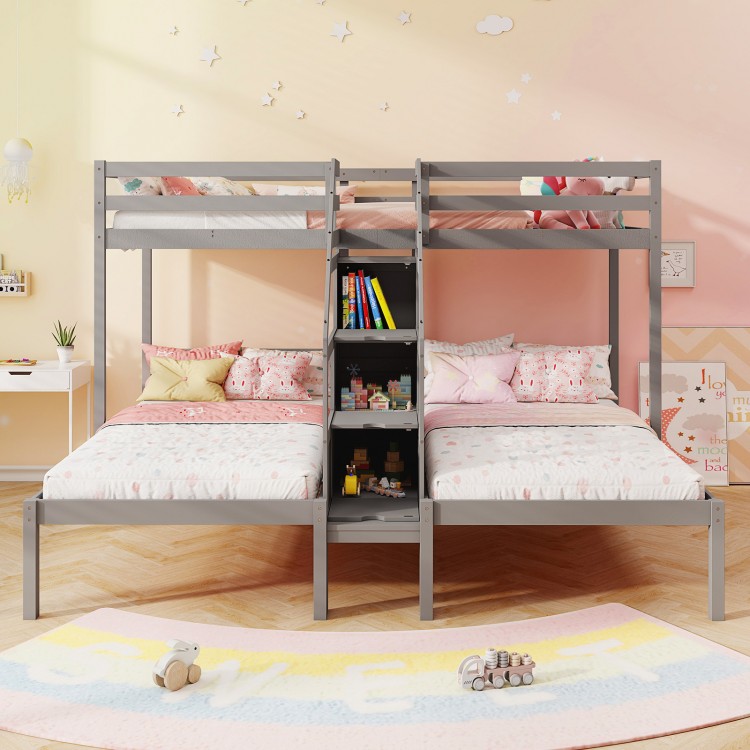 Twin over twin gray bunk bed with storage staircase and guardrails, ideal for three kids or teens in a playful bedroom.