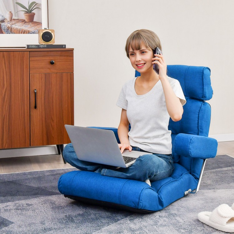 Adjustable blue folding sofa chair with 6 position backrest, ergonomic design, and flip-up armrests for comfort.