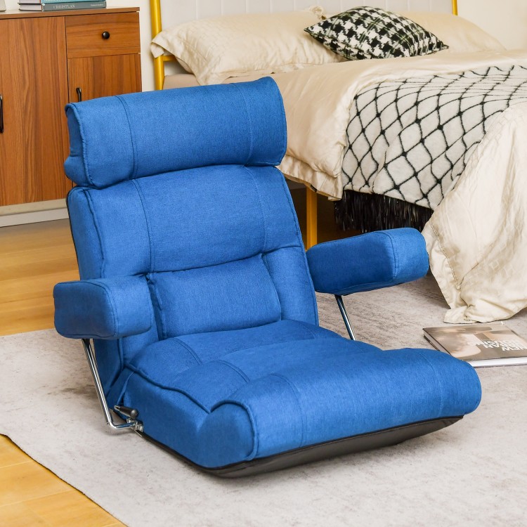 Blue adjustable folding sofa chair with six-position backrest, ergonomic design, and soft foam padding for comfort.