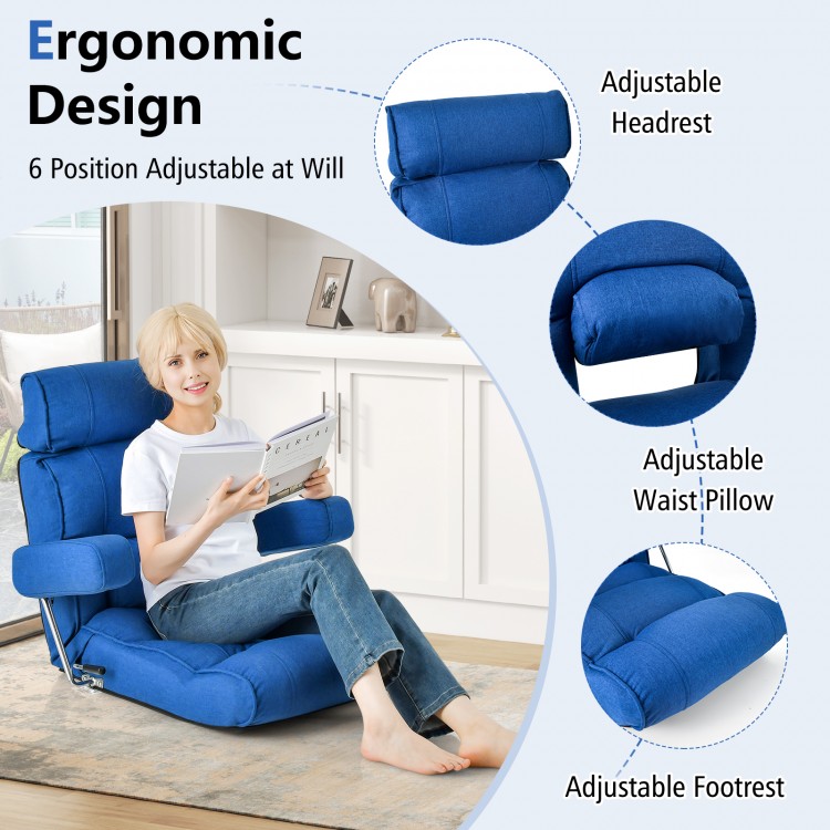Adjustable folding sofa chair in blue with ergonomic design, featuring adjustable headrest, waist pillow, and footrest.