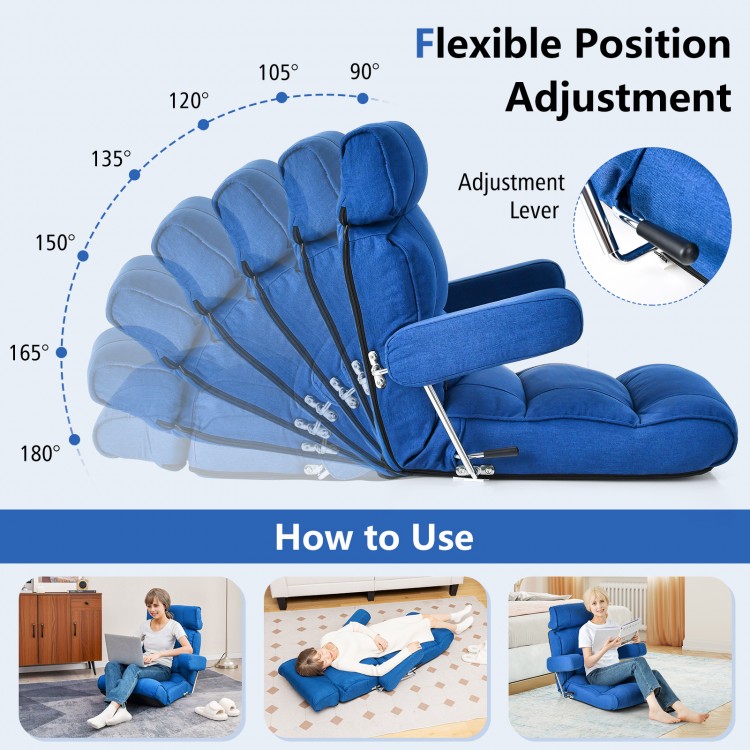 Adjustable folding sofa chair in blue with 6 position backrest, ergonomic design, and soft foam cushion for comfort.