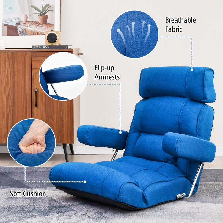 Adjustable folding sofa chair in blue with flip-up armrests, breathable fabric, and soft cushion for maximum comfort.