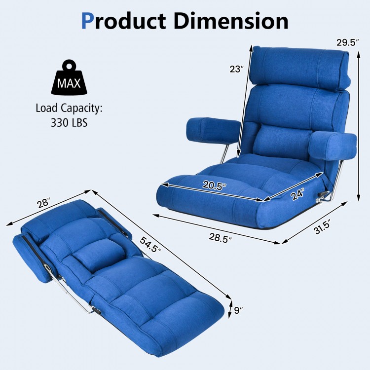 Adjustable folding sofa chair in blue with 6 position backrest, ergonomic design, and flip-up armrests for comfort.