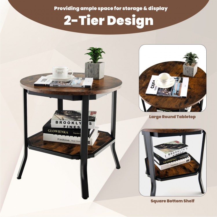 Round 2-tier end table with rustic brown MDF top and black steel frame, ideal for living room storage and display.