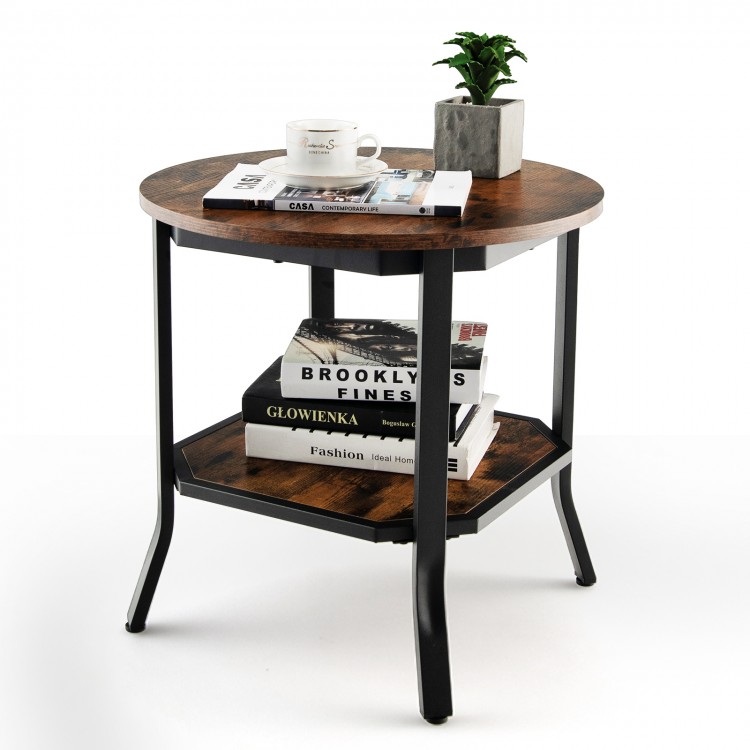 Round 2-tier side table with rustic brown MDF top and black steel frame, perfect for living room or bedroom use.