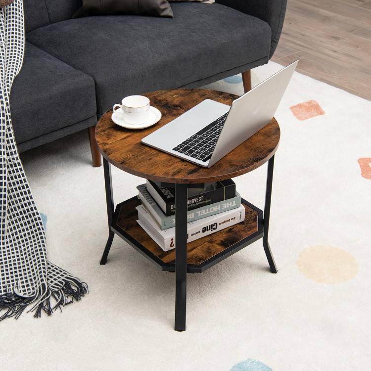Round 2-tier side table with rustic brown MDF top and black steel frame, perfect for living room or nightstand use.