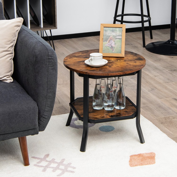 Round 2-tier side table in rustic brown with black frame, perfect for living room storage and decor.