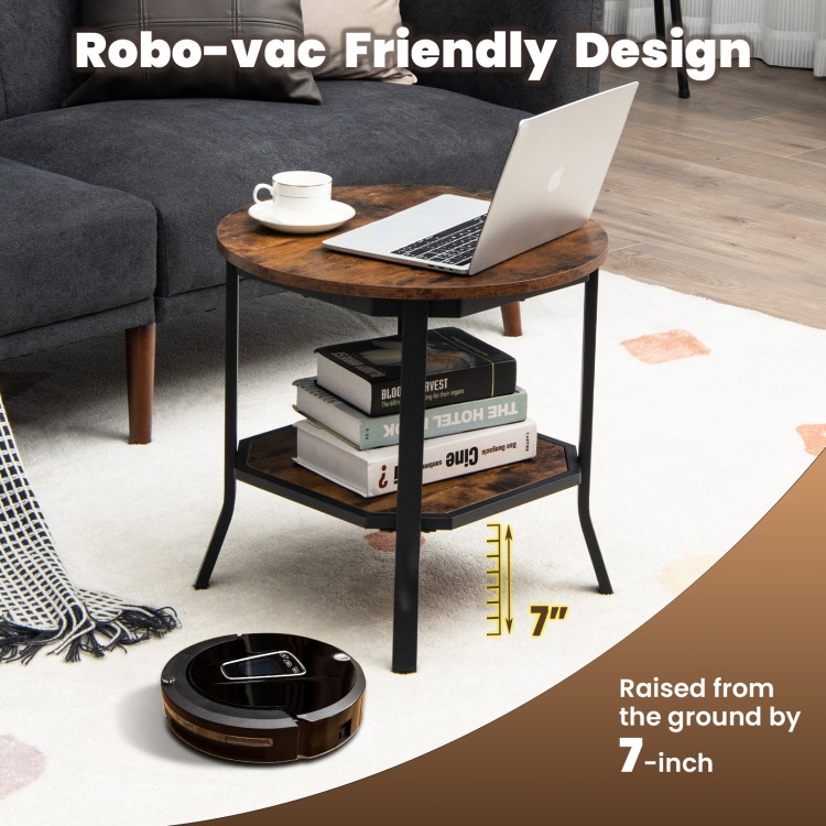 Round 2-tier side table with rustic brown MDF top and black steel frame, ideal for living room or nightstand use.