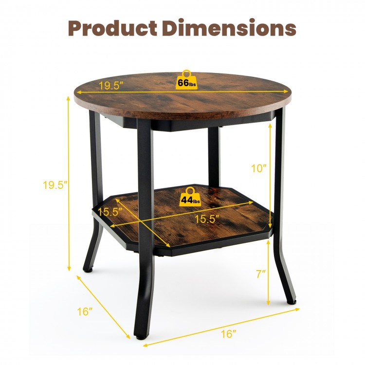 Round 2-tier end table with rustic brown MDF top and black steel frame, perfect for living room storage and decor.