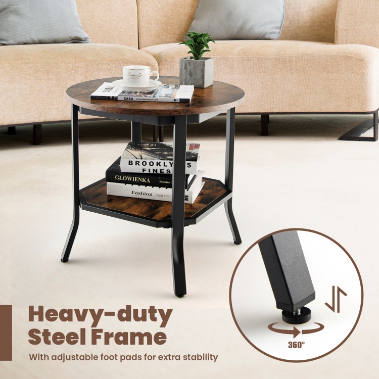 Round end table featuring a thick MDF top and steel frame, offering 2-tier storage for living room essentials.