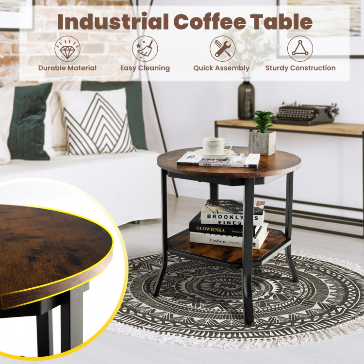 Close-up view of the round 2-tier end table showcasing the MDF surface and steel frame, ideal for stylish living room.