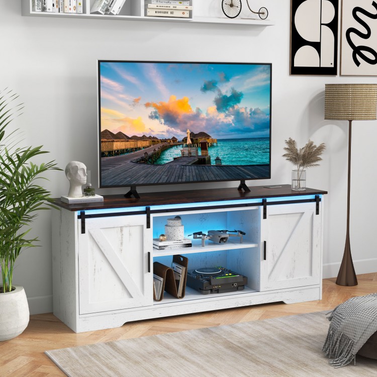 White TV stand for 65 inch TVs featuring adjustable shelves, LED lights, and two sliding doors for living room.