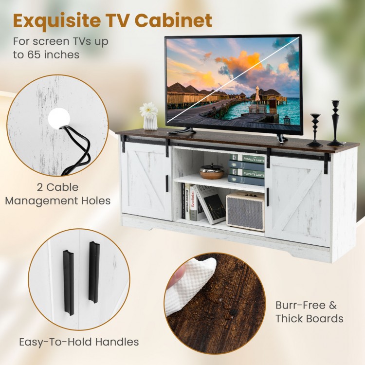 White TV stand for 65-inch TVs featuring adjustable shelves, cable management holes, and easy-to-hold handles.