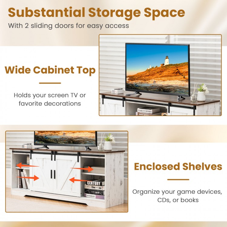 White TV stand for 65-inch TVs featuring sliding doors, adjustable shelves, and LED lights for versatile storage.