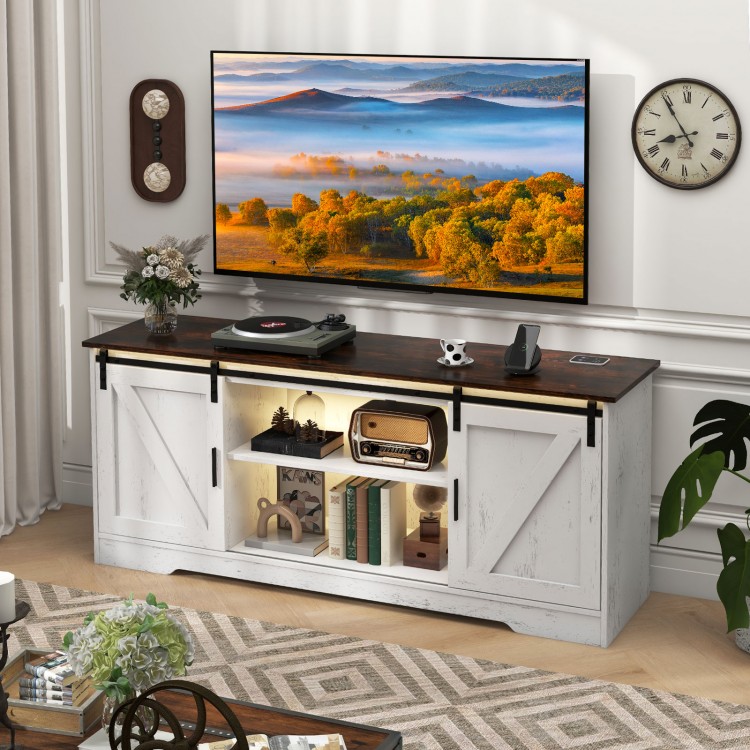 TV stand for 65-inch TVs in white with adjustable shelves, LED lighting, and sliding doors for living room organization.