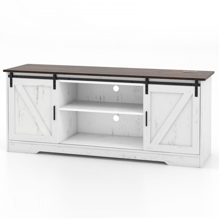 White TV stand for 65-inch TVs featuring sliding doors, adjustable shelves, and LED lighting for living room use.