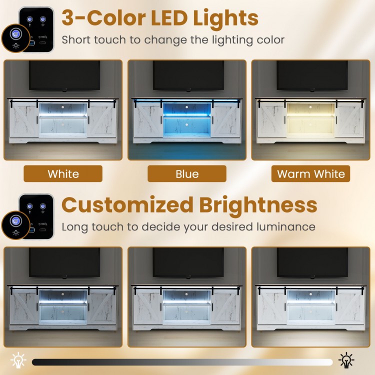 TV stand with 3-color LED lights, adjustable shelves, and USB ports, perfect for 65-inch TVs in a living room setting.
