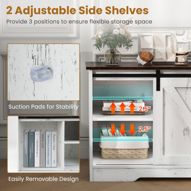 Adjustable side shelves with suction pads for stability on a white TV stand, perfect for flexible storage in living.