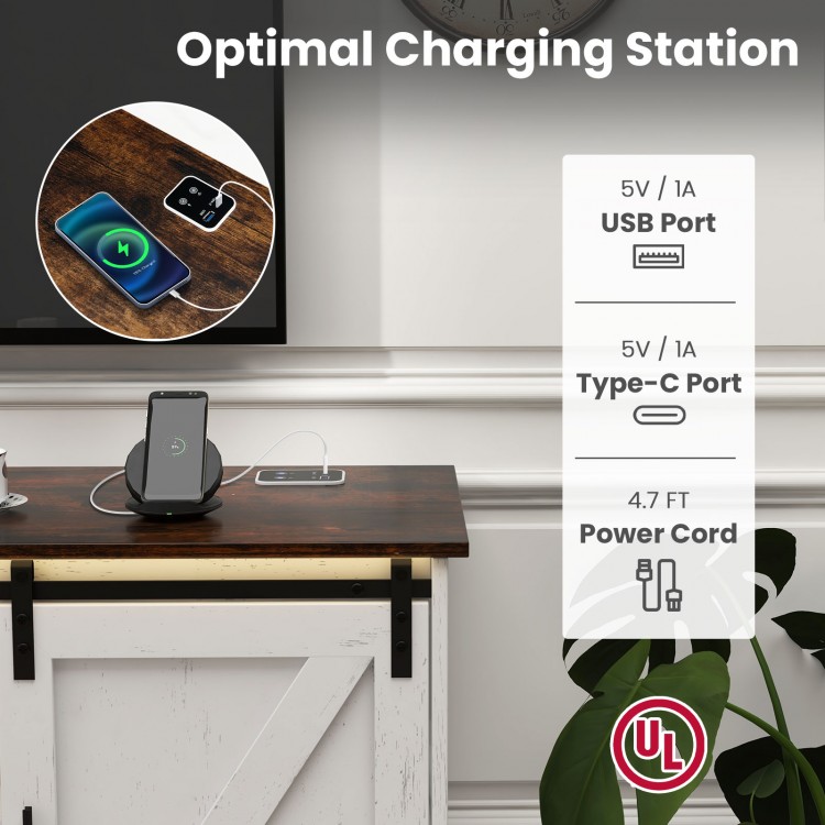 White TV stand for 65-inch TVs featuring LED lights, USB and Type-C ports, and adjustable shelves for flexible storage.
