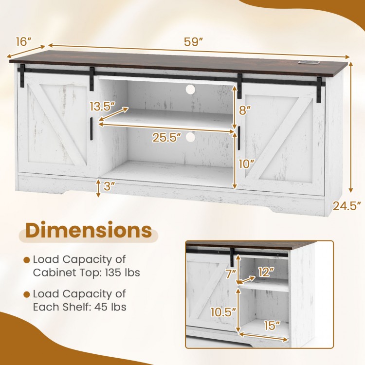 TV stand for 65 inch TVs in white with adjustable shelves, LED lights, and sliding doors for living room organization.