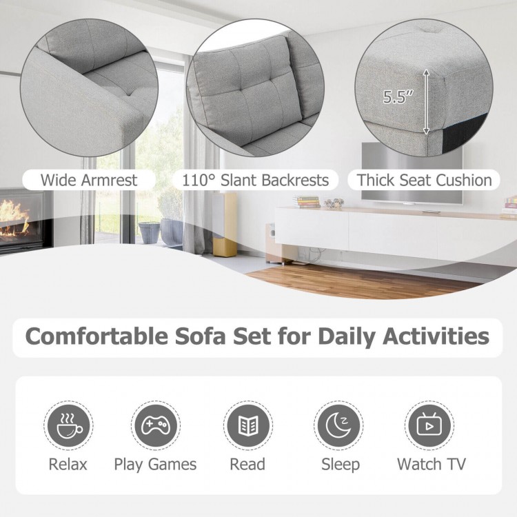 L-shaped gray sectional sofa set with thick cushions and storage ottoman, ideal for relaxation and daily activities.