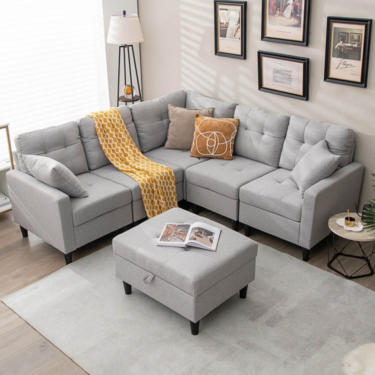 L-shaped gray sectional sofa set with removable storage ottoman, featuring thick cushions for comfort and ergonomic.