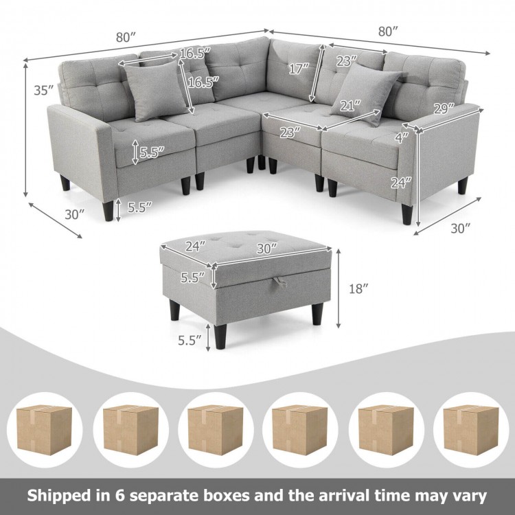 L-shaped gray sectional sofa set with storage ottoman, featuring ergonomic design and thick cushions for comfort.
