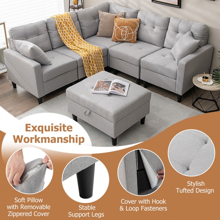 L-shaped gray sectional sofa set with removable storage ottoman, featuring thick cushions and stylish tufted design.