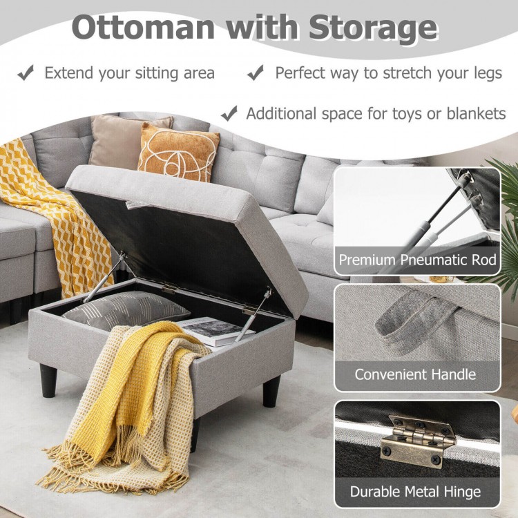 Gray storage ottoman with a convenient handle and durable metal hinge, perfect for organizing toys or blankets.