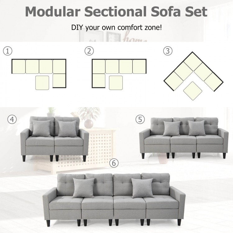 L-shaped sectional corner sofa set in gray with removable storage ottoman, ideal for versatile seating and comfort.