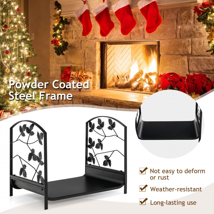 19-inch heavy-duty firewood rack with a powder-coated steel frame, suitable for indoor and outdoor use, holds 110 lbs.