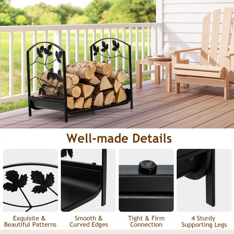 Heavy-duty 19-inch firewood rack with a rustproof steel frame, designed for indoor and outdoor use, holds 110 lbs.