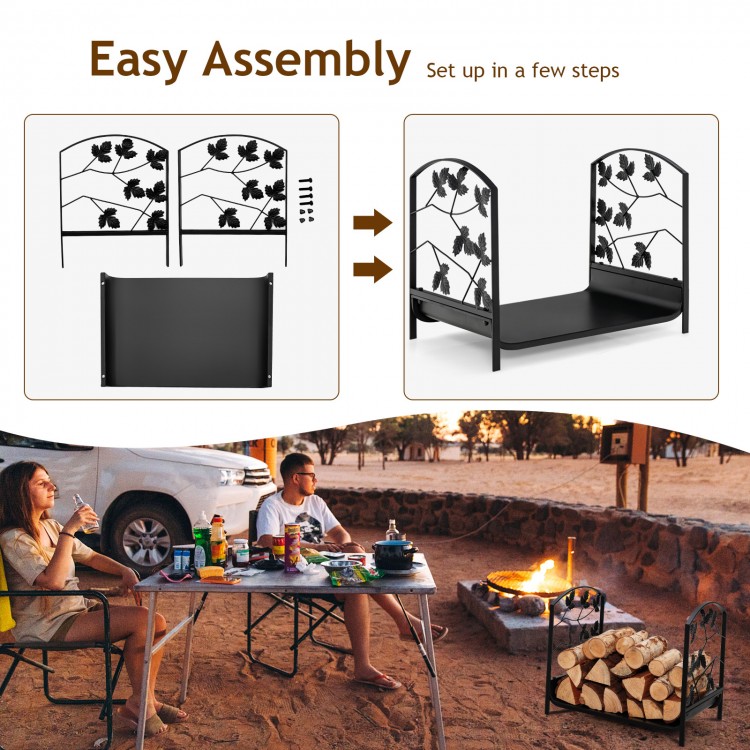 19-inch heavy-duty firewood rack with a rustproof steel frame, easy assembly, and raised feet for indoor or outdoor use.