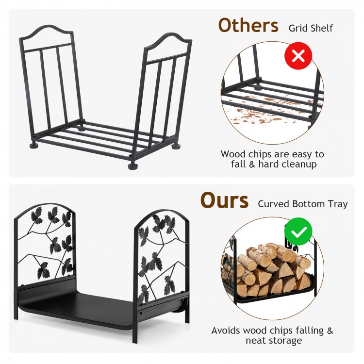19-inch heavy-duty firewood rack with curved bottom tray, sturdy steel frame, and raised feet for better wood storage.