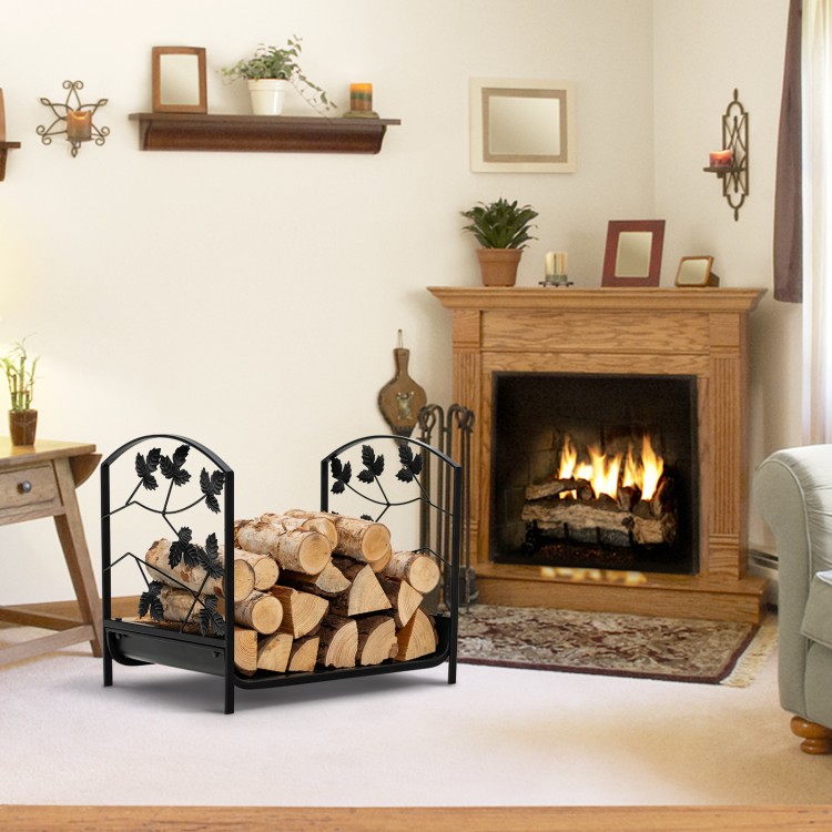 Heavy-duty 19-inch firewood rack with a rustproof steel frame, holding logs indoors by the fireplace for easy access.