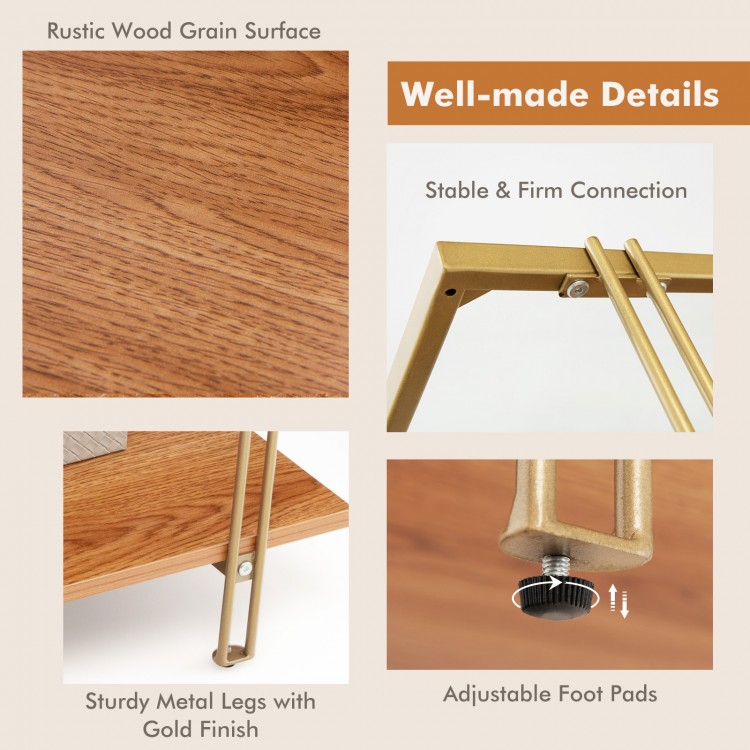 Rustic wood grain surface and sturdy gold metal legs of the 2-tier rectangle coffee table for stylish living room decor.