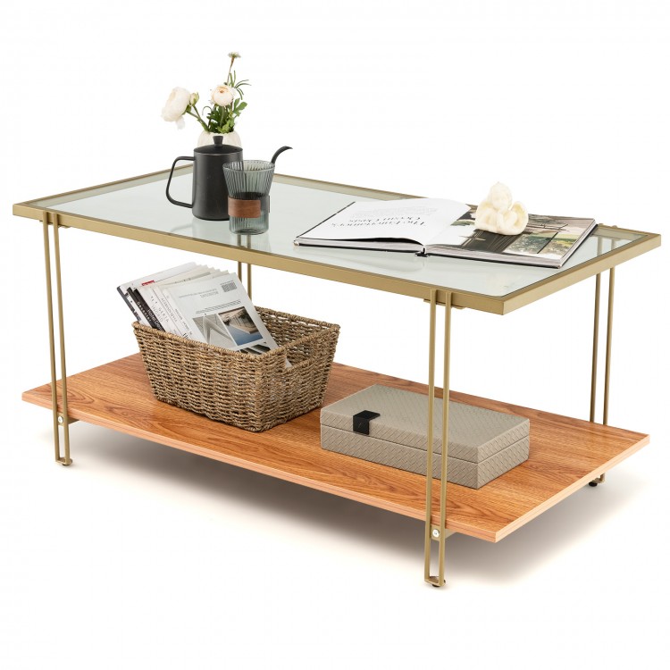 Rectangle glass coffee table with gold steel frame, featuring a 2-tier design for extra storage in modern living spaces.