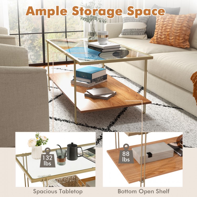 Rectangle glass coffee table with white faux marble top and gold steel frame, featuring two tiers for ample storage.