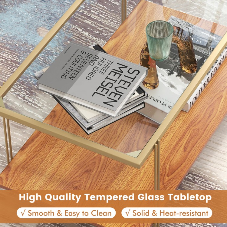 Rectangle glass coffee table with white faux marble top and gold steel frame, featuring two tiers for extra storage.