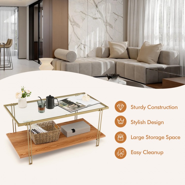 Rectangle glass coffee table with white faux marble top and gold steel frame, featuring 2 tiers for extra storage space.